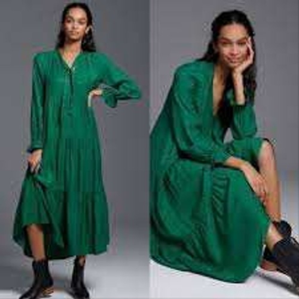 Maeve Anthropologie Green Textured Oversized Long Sleeve Maxi Dress XXS Boho